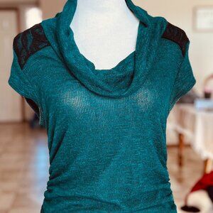 IZ Byer Teal Cowl Neck Sweater with Black Accents